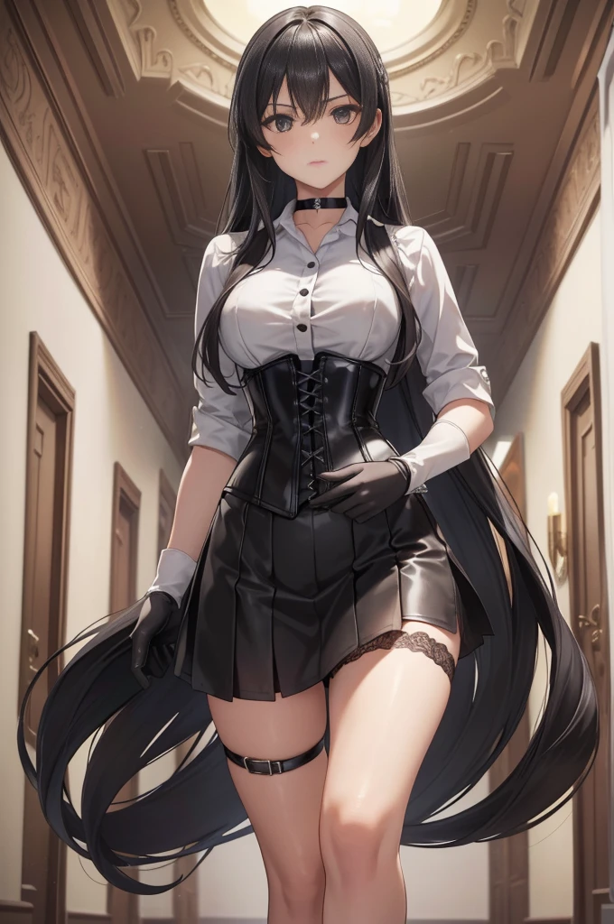  masterpiece ,  Best quality, high resolution, beautiful detailed eyes,  face, Detailed CG, 1 girl; standing,  view from the front,  serious expression ,   long black hair , black eyes, choker:1.6, (( white buttoned shirt )), (black leather corset), ( black gloves), (Black miniskirt), (brown stockings), elegant hallway ,  mansion, by day