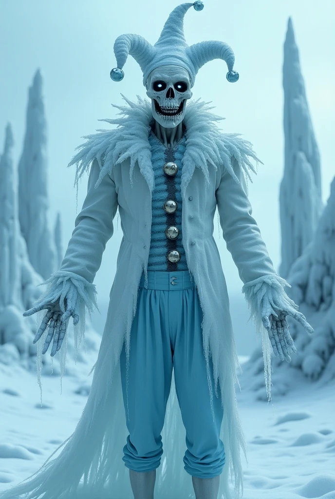 To be a skull-headed figure with a crown floating above its head, wearing a white, blue-frosted, furry hooded coat and black anime-style pants.