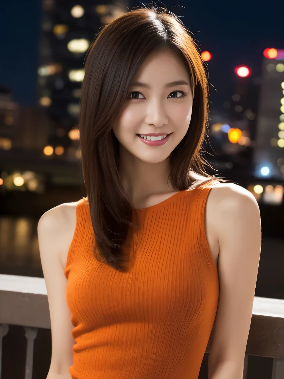 1 girl, (wearing an orange knit dress:1.2), (RAW photo, highest quality), (realistic, Photoreal:1.4), table top, very delicate and beautiful, very detailed, 2k wallpaper, wonderful, finely, very detailed CG Unity 8K wallpaper, super detailed, High resolution, soft light, beautiful detailed girl, very detailed目と顔, beautifully detailed nose, beautiful and fine eyes, cinematic lighting, city light at night, perfect anatomy, slender body, smile, Full camera perspective, face forward,