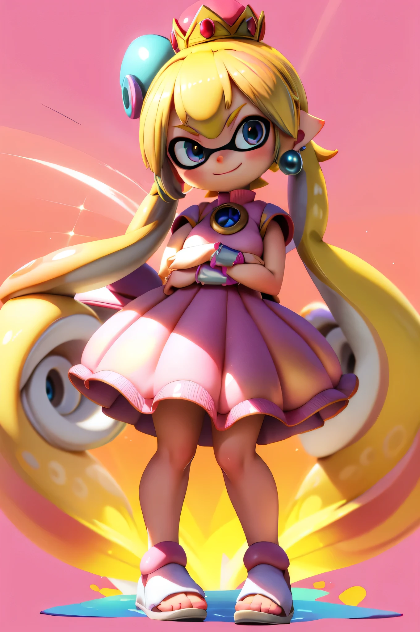 masterpiece,Highest quality,Very detailed,Real Anime、3d、One Splatoon girl,tall、alone,A hopeful look,A slightly thinner face,Beautiful Face、blush、Open Mouth Smile、
Ahh sun,Long golden tentacle hair,Braided Tentacle Hair,Golden Eyes,Bare shoulders,armor, gigantic breast、Cleavage、breastplate,White sleeves,Removable sleeves,Small waist、Red Micro Mini Skirt,Pleated skirt,White knee socks,
break
(warp,floating,warp space,Motion Lines,Vanishing Point,light,),Motion Blur,Cowboy Shot,Gradient Background,arrive,View your viewers,