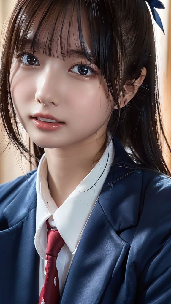 ((masterpiece, Best Quality,  high resolution on down,  Ultra High Definition)),  Japanese High  Girls、(Realistic:1.4)、excited、Great face、Pointed Mouth、 close your mouth、 wet lips、age 15 up ponytail,(Beautiful Hair:1.4),  high school uniform 、(Navy Blue Blazer,Navy blue jacket, red tie , white dress shirt,Short sleeve, very short mini pleated skirt)、Sit on the bed in the room、stare,  angle from the front ,  Textured Skin,  high definition CG synthesis 8K wallpaper,   high resolution on down,  professional photo shoot, Light, BackLight, Impressive,  written boundary depth , ( face close-up:1.5)