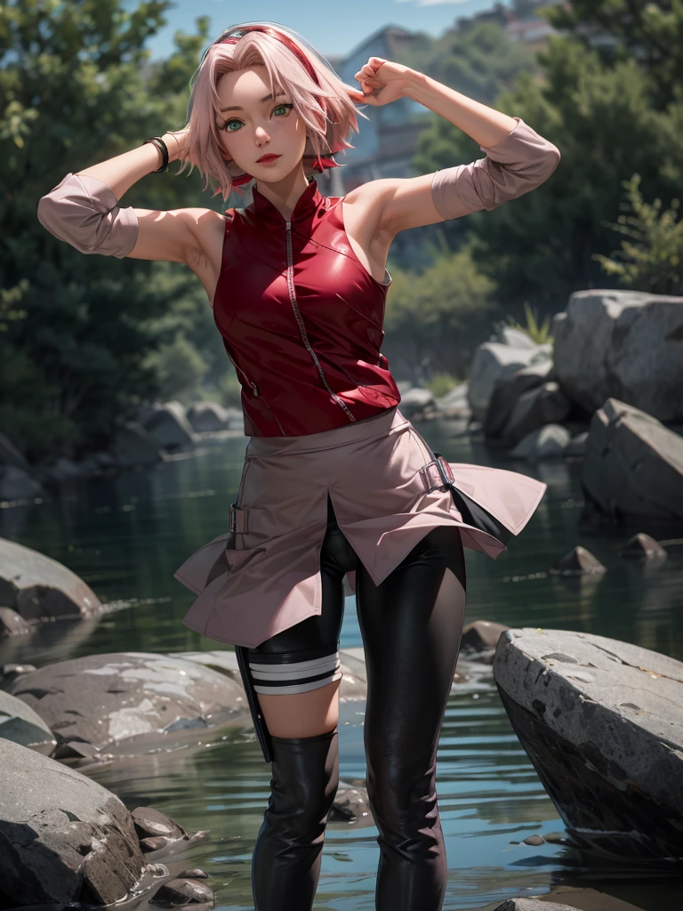  full body, Sakura Shippuden, Sakura haruno, Naked, alone,  a girl, shaved armpits,  arm behind the head , focus on the armpit ,  green eyes short leggins fitted down your skirt 