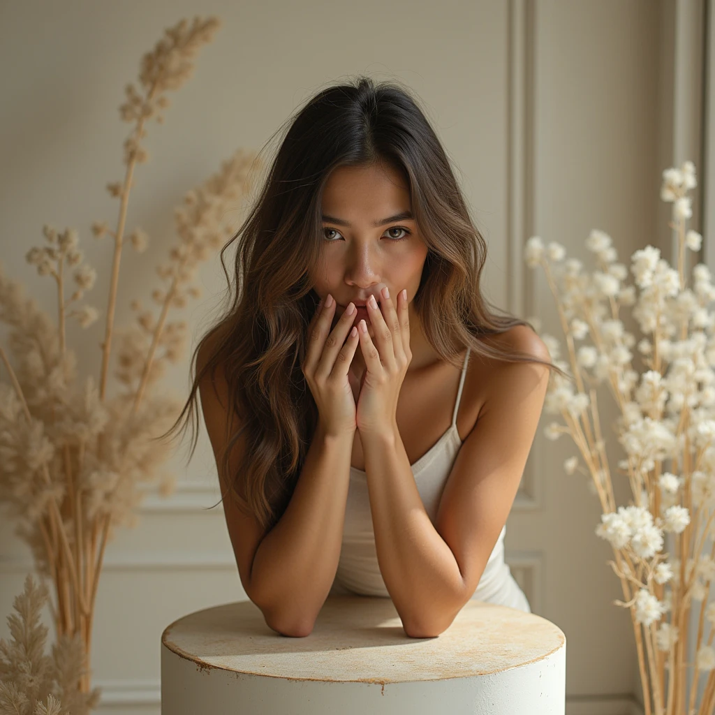 (photorealism:1.2)High resolution, cinematic, intrinsic details,  5 point view composition ,  pretty young Latin woman brown skin , with her hair falling out in her hands ,  sad , minimalist background s,  natural central lighting ,  intense light beige colors, white and golden touches , background with fuzzy flowers, pedestal vacio,  composition rule of thirds side left side without elements