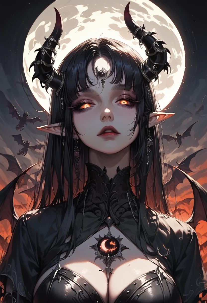 ((Masterpiece)), ((highres)), lunar eclipse background, beautifully detailed woman, succubus female, ((moonlight shinning upon her)), elf ears, demon horns, beautifully detailed eyes, long eyelashes, grey glowing iris, large breast, long black hair, black jewelry,