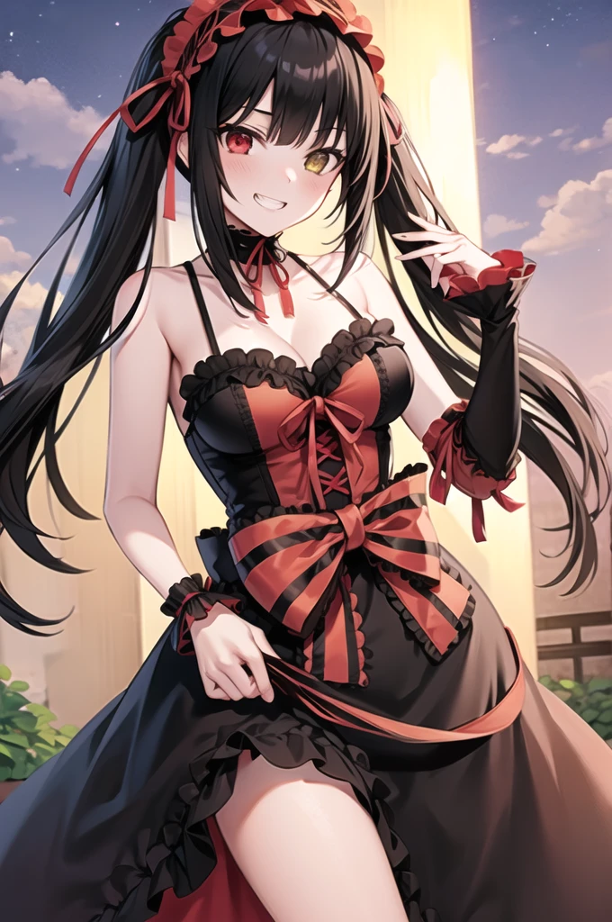 masterpiece, best quality, highres, 1girl, aakurumi, long hair, twintails, hairband, heterochromia, medium breasts, cleavage, black choker, red ribbon, bare shoulders, gothic, red dress, red bow, detached sleeves, red skirt, outdoors, night, cowboy shot, standing, grin,