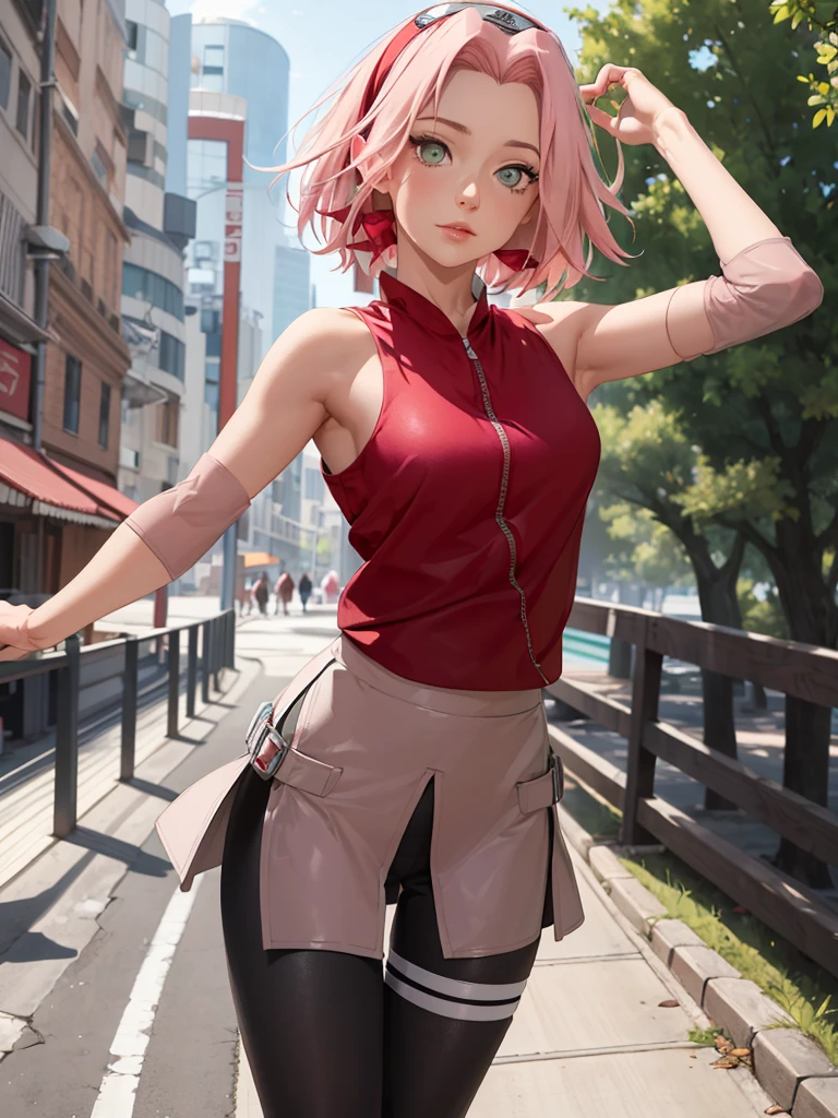  full body, Sakura Shippuden, Sakura haruno, Naked, alone,  a girl, shaved armpits,  arm behind the head , focus on the armpit ,  green eyes short leggins fitted down her skirt , Close-up image full body High resolution ,  masterpiece , necessary, 