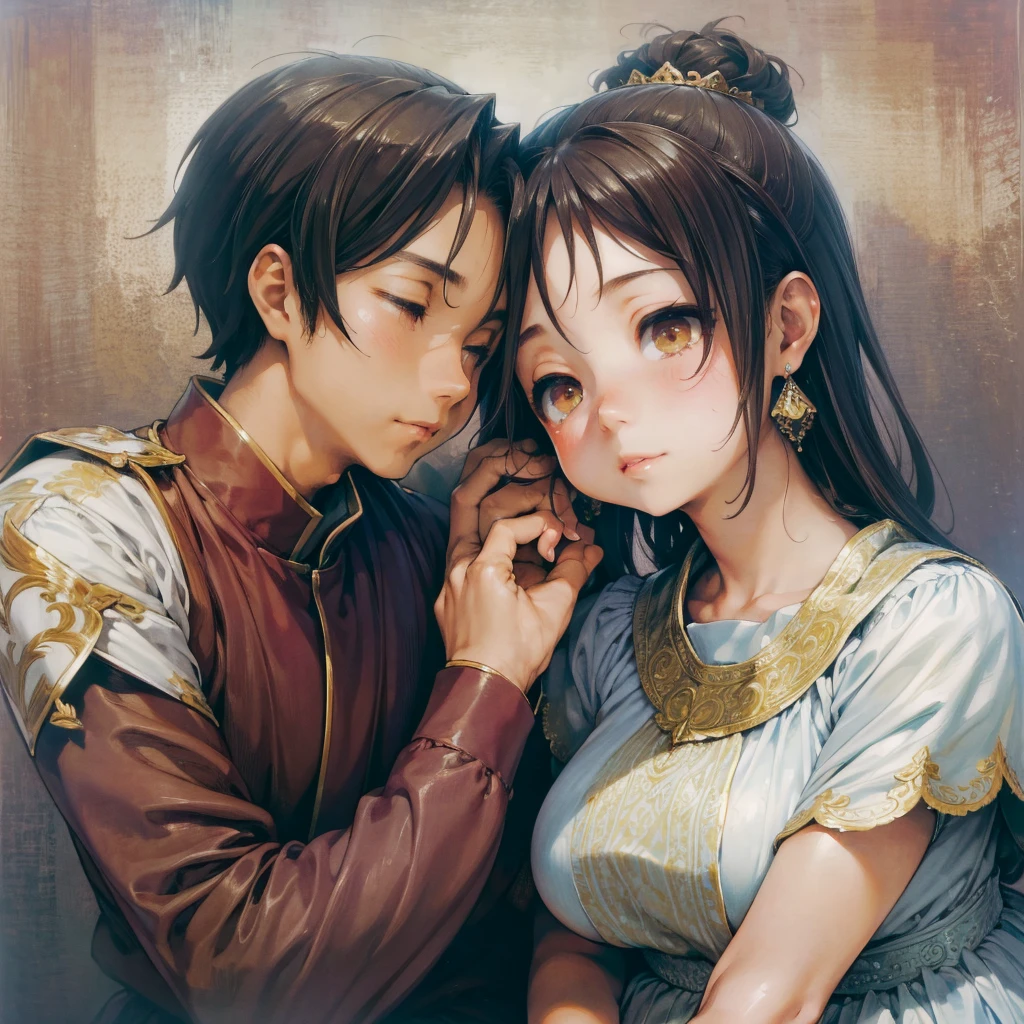 A realistic painting inspired by the 'Whisper of Love' mural (Pu Man Ya Man) at Wat Phumin, Thailand. The image shows a Thai couple in traditional clothing with gentle expressions, closely leaning towards each other as if sharing a secret. The man leans slightly forward, while the woman listens with a smile. The background is richly decorated in a traditional Lanna Thai art style, with intricate patterns and soft earth tones that reflect an ancient and peaceful atmosphere. Focus on the intimate and graceful pose of the figures, capturing the delicate lines and calm expressions.