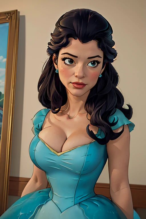 (masterpiece, realistic:1.3), (high quality, detailed:1.3), (huge breasts:1.2), (musuclar female:0.8), (upper body, portrait, blank background:1.1), (aqua dress, cleavage, princess gown), princess hildegard