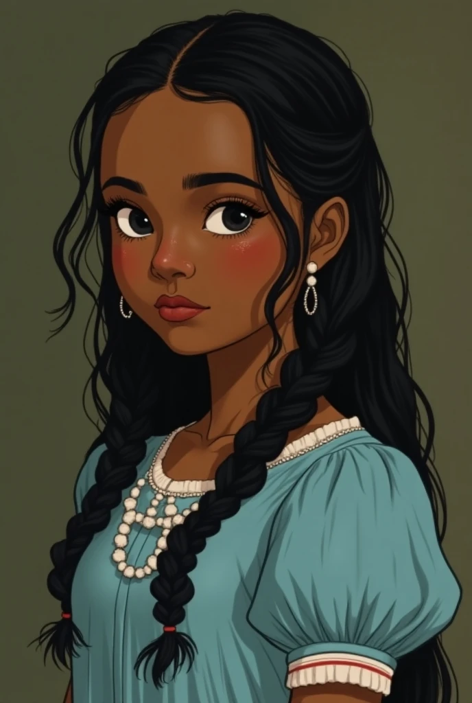 Inés:
She’
seeing her Indian lineage in her dark color and the roundness of her face
She has rheumatic hands
her face which was always serious and impassive.
She wore a light blue dress with sleeves that were puffed at the shoulders.
Her black hair was plaited into two braids that fell over her breasts.
her dark eyes defiant