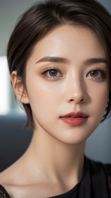((highest quality, 8K, masterpiece :1.3)), (realistic, Photoreal:1.4), sharp focus:1.2,
Bright colors, professional level, shallow depth of field,
20-year-old, 1 person, A beautiful face with intelligence,
Supple body :1.3, model body shape:1.5, 頭w:1.4, perfect style:1.4,
narrow shoulders, beautiful clavicle, long and thin legs, The beauty of slim abs :1.2, thin waist :1.2,
super detailed skin, Fair skin, Shiny skin,
super detailed face, slim facial contour, beautiful small face, Beautiful lined nose,
super detailed eyes, long slit eyes, brown eyes, double eyelid, beautiful thin eyebrows, fine long eyelashes,
super detailed lips, plump lips, glossy pink lips, flushed cheeks, beautiful teeth,
Beautiful actress's ennui makeup, pink lipstick, (necklace, earrings),
milk greige hair, delicate soft hair,
(hair up, short hair, ponytail:1.2), layer cut, (dull bangs:1.2),
(Dress up with trendy fashion:1.2),
gentle smile, open mouth half way, Enchanted expression, stare at the camera,
dynamic lighting, ((Hasselblad Photos)),
(She is completely nude and wearing a sheer polka dot flare bikini.:1.3),
(perfect breast shape, B cup:1.2), It is a small pale pink areola.,
(She has a cute plump butt, My thighs are dazzling),
(View from the front, pay attention to the thighs, full body portrait:1.2),