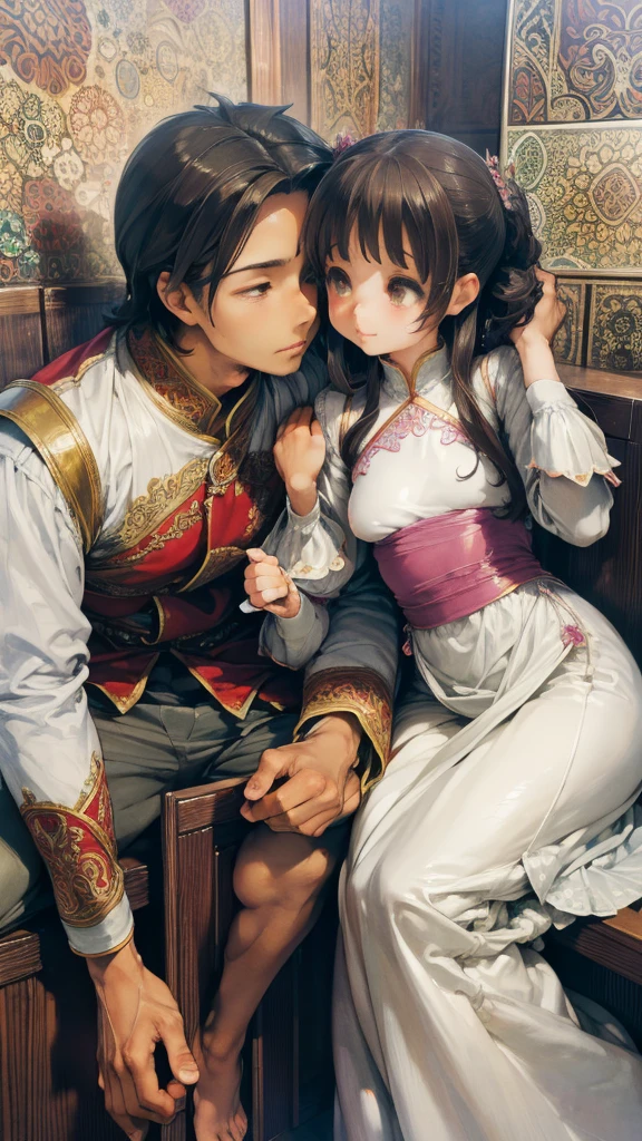 A realistic painting inspired by the 'Whisper of Love' mural (Pu Man Ya Man) at Wat Phumin, Thailand. The image shows a Thai couple in traditional clothing with gentle expressions, closely leaning towards each other as if sharing a secret. The man leans slightly forward, while the woman listens with a smile. The background is richly decorated in a traditional Lanna Thai art style, with intricate patterns and soft earth tones that reflect an ancient and peaceful atmosphere. Focus on the intimate and graceful pose of the figures, capturing the delicate lines and calm expressions.