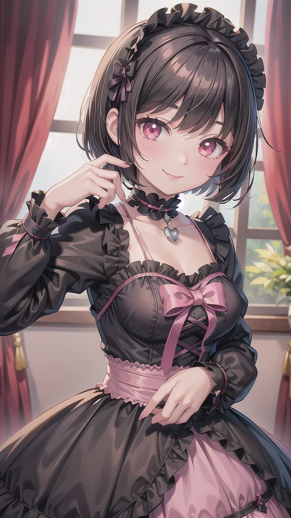 Ruby Rose, RWBY, Solo, de cerca, retrato, mirando al espectador, Come here, Sonrisa seductora, Cara traviesa, labios, pelo multicolor, pelo de dos tonos, cabello degradado, pelo negro, cabello corto, Puntas de colores, pelo de punta, ojos grises, ojos brillantes, aureola, bronceado, biceps, tonificado, sombra de ojos negra, corset, Capa roja, obra maestra, natural lighting, fotorrealista, ojos bonitos, piel suave, Sharp focus, muy detallado, Mejor calidad, ultra detallado, absurdos, ojos extremadamente detallados