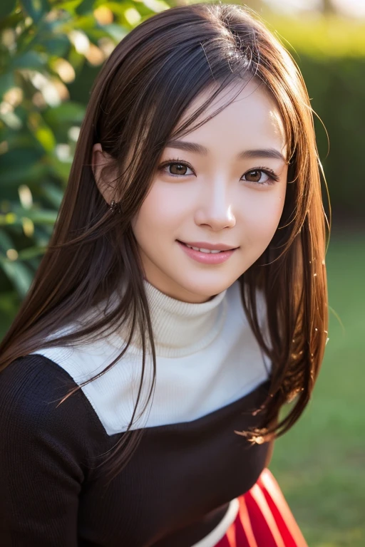 (Close up face shot of one slender small breasts half up brown long hair with bangs girl in a autumn fashion shirt and sweater:1.5)、(One girl is leaning forward with happy smile on the dart road near the lake and big waterfall:1.5)、(Beautiful autumn leaves and mountain view:1.5)、(Natural light:1.5)、(8k ultra detailed master piece:1.5)、(perfect anatomy:1.5)、(Photorealistic stick:1.5)、(Raw photo:1.3)、(highest quality:1.5)、(High resolution:1.3)、(Delicate and beautiful perfect face:1.3)、(Delicate and beautiful eye air skin:1.3)、(Real Human Skin:1.3)、((thin legs))