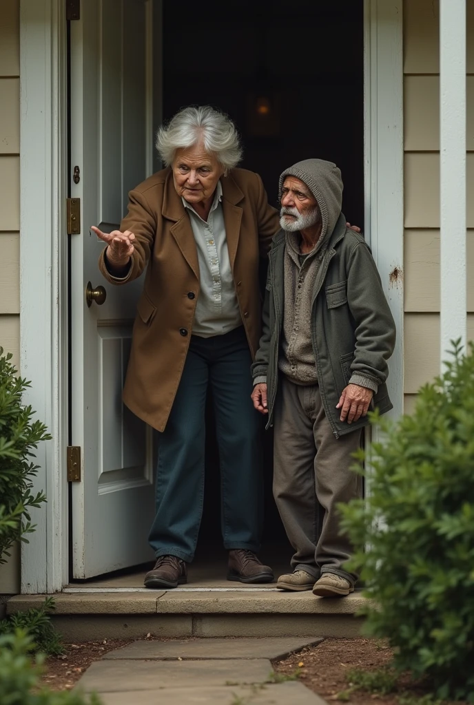 Create an image of a grandmother standing next to the door of her house, where the place is a little dark and where a scared man is coming to where the grandmother is.