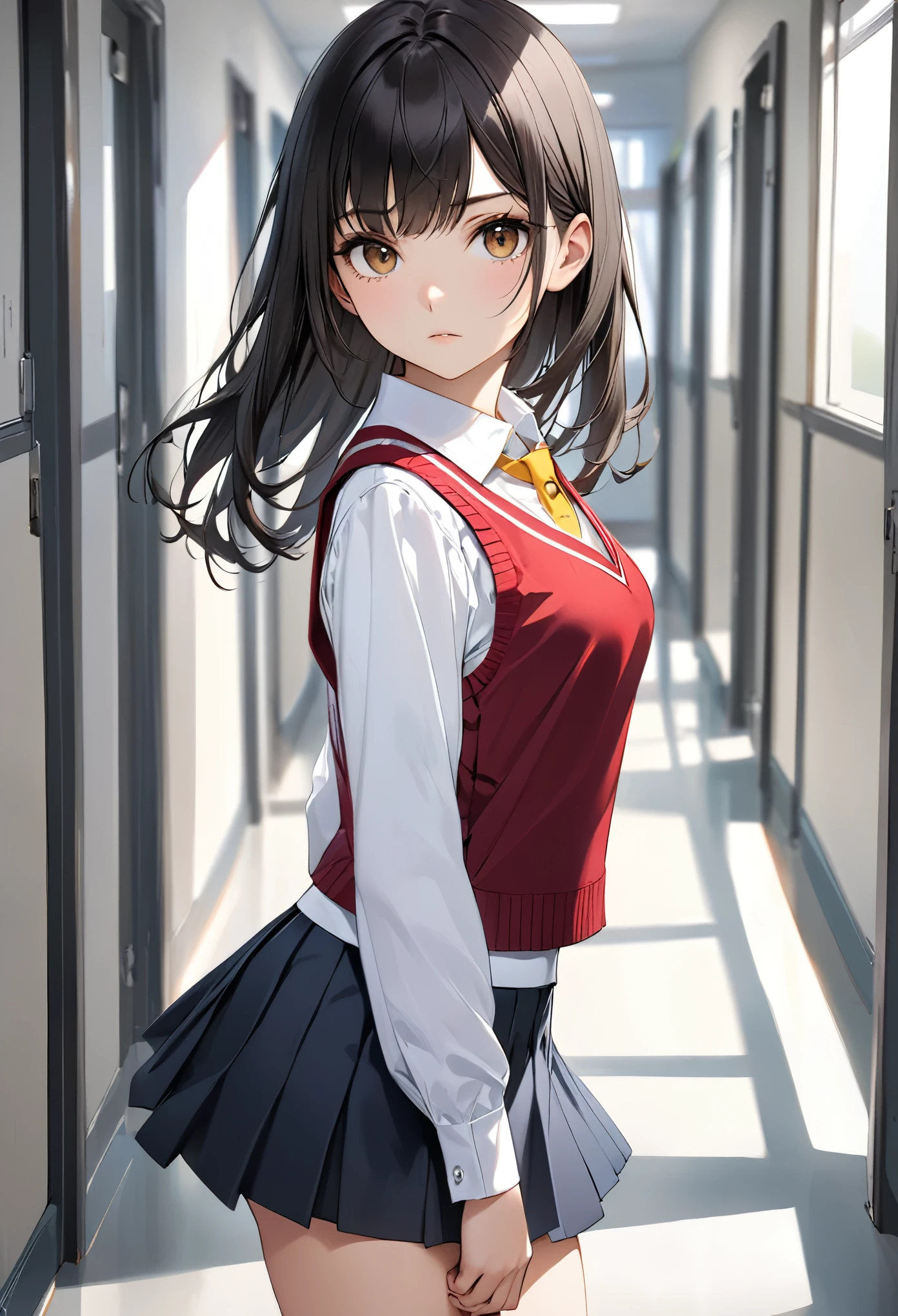 until, high quality , excellent resolution, Girl alone, Sixteen years old ,  beautiful face,  well-defined features , serious look, brown eyes, Half-back straight black hair ,  well-proportioned body , You can see the curvature of her hips , She wears a short red vest with yellow buttons ,  school blouse with collar in white color ,  white plank miniskirt , shapely bare legs , white socks and school shoes,  the girl is walking in a school corridor ,  the girl appears in the foreground walking elegantly sure of herself.