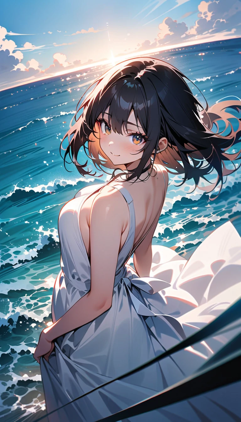 (masterpiece, best quality:1.2, dynamic angle), 1 girl, alone, solo, ((white dress)), ((tinged with the sea: 1.3)), looking at viewer, melancholic smile, expressive eyes, (black hair)