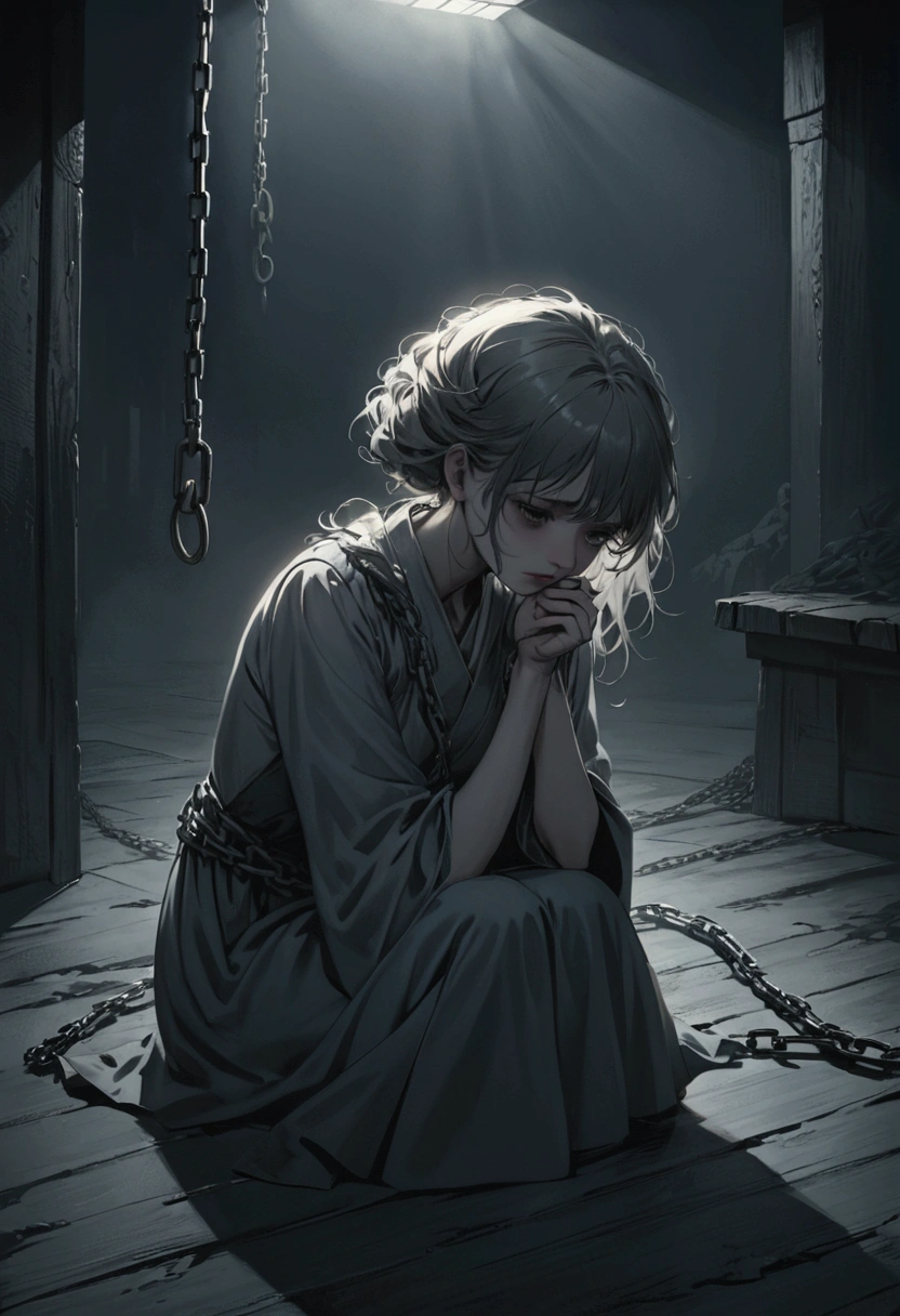 a disturbed girl in a dark room, detailed eyes, lips, and face, long eyelashes, messy hair, tears, depressed expression, wearing tattered clothes, shackled hands, cowering on the floor, dark shadows, moody lighting, gloomy atmosphere, muted colors, chiaroscuro, cinematic composition, dramatic, raw, gritty, emotional, psychological, haunting, twisted