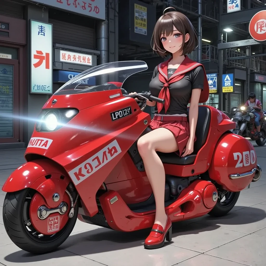 1girl,Sitting,Akira Bike,Lean back,Put your foot forward,Thick eyebrows,jk, Sailor suit, Pleated skirt, loose socks, loafers,Large scooter,Very low seat,Low vehicle height,One step ahead,Akira Bike,high resolution,masterpiece,high quality, 
(Photorealsitic:1.4),Raw photo,(super realistic details),portlate,Shadow,octanrender,8K,ultrasharp,Akira Bike Red,cycling,natta,Cyberpunk City View,Spectacular screen