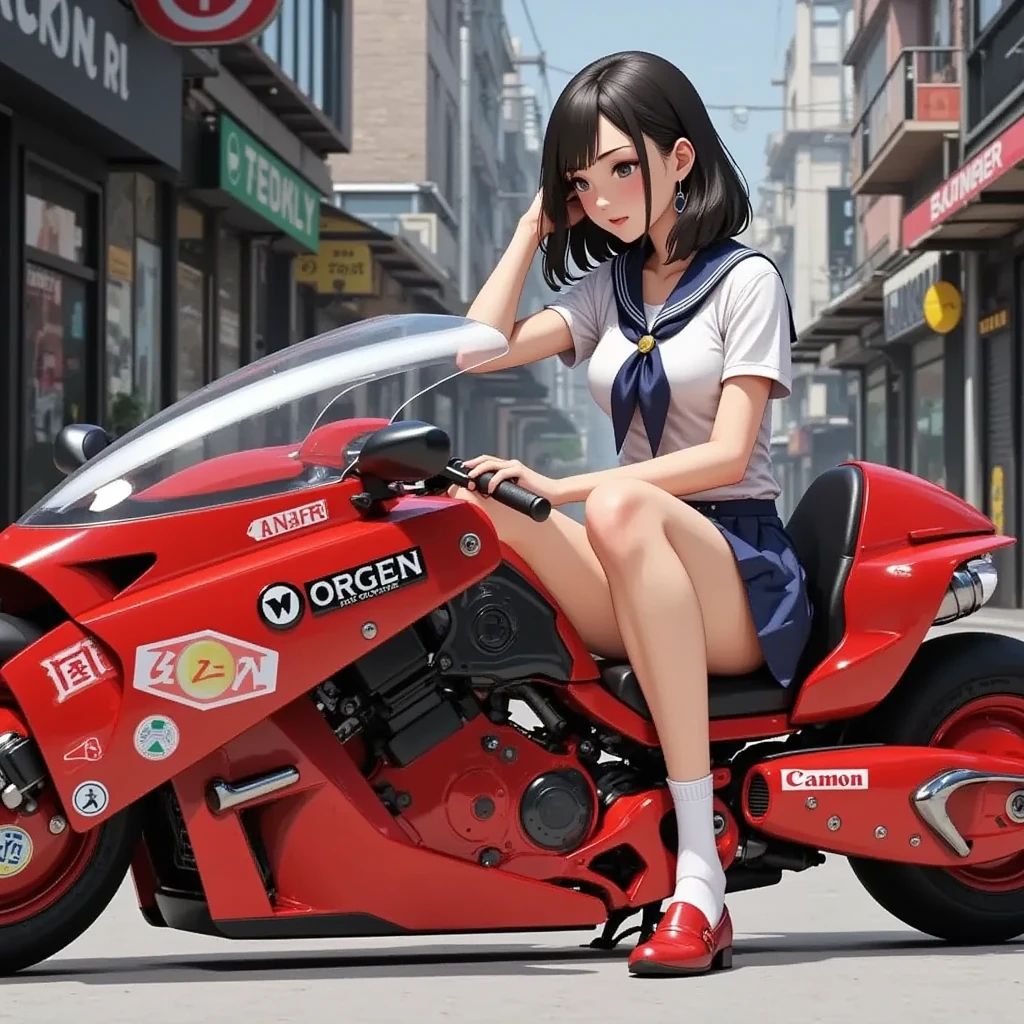 1girl,Sitting,Akira Bike,Lean back,Put your foot forward,Thick eyebrows,jk, Sailor suit, Pleated skirt, loose socks, loafers,Large scooter,Very low seat,Low vehicle height,One step ahead,Akira Bike,high resolution,masterpiece,high quality, 
(Photorealsitic:1.4),Raw photo,(super realistic details),portlate,Shadow,octanrender,8K,ultrasharp,Akira Bike Red,cycling,natta,Cyberpunk City View,Spectacular screen