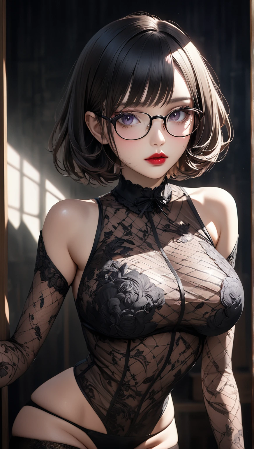 1 cute girl (18yo) glasses, upper body, slim waist, small breast, sexy pose, naugthy face, bangs, random hairstyle, cleavage, navel, collar, collarbone, off shoulder, seductive smile, wear intricately detail hot and sexy outfit, night dress. flat gray color for background