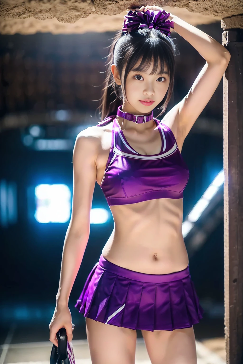 (4k, high quality, high quality, masterpiece), (brightness adjustment), (realistic), ((standing in underground fortress)), ((look at me)), 1 woman, Asian beauty, Japanese woman, (dark hair, slender figure, petite ), ((collar around neck, magenta cheerleader outfit, sports bra, pleated miniskirt)), cheerleader brainwashed by evil organization, (holding water pistol)