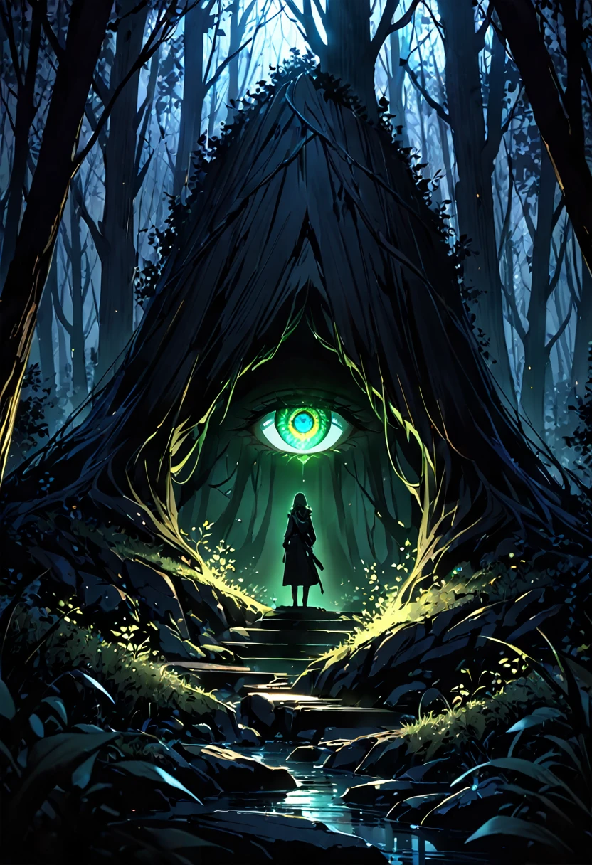 a luminous eye sees in the darkness of the forest,illumines,deep and dark, glowinngs eyes, hide, glowing eyes, mystery,dramatic and cinematic, omni light, night, 