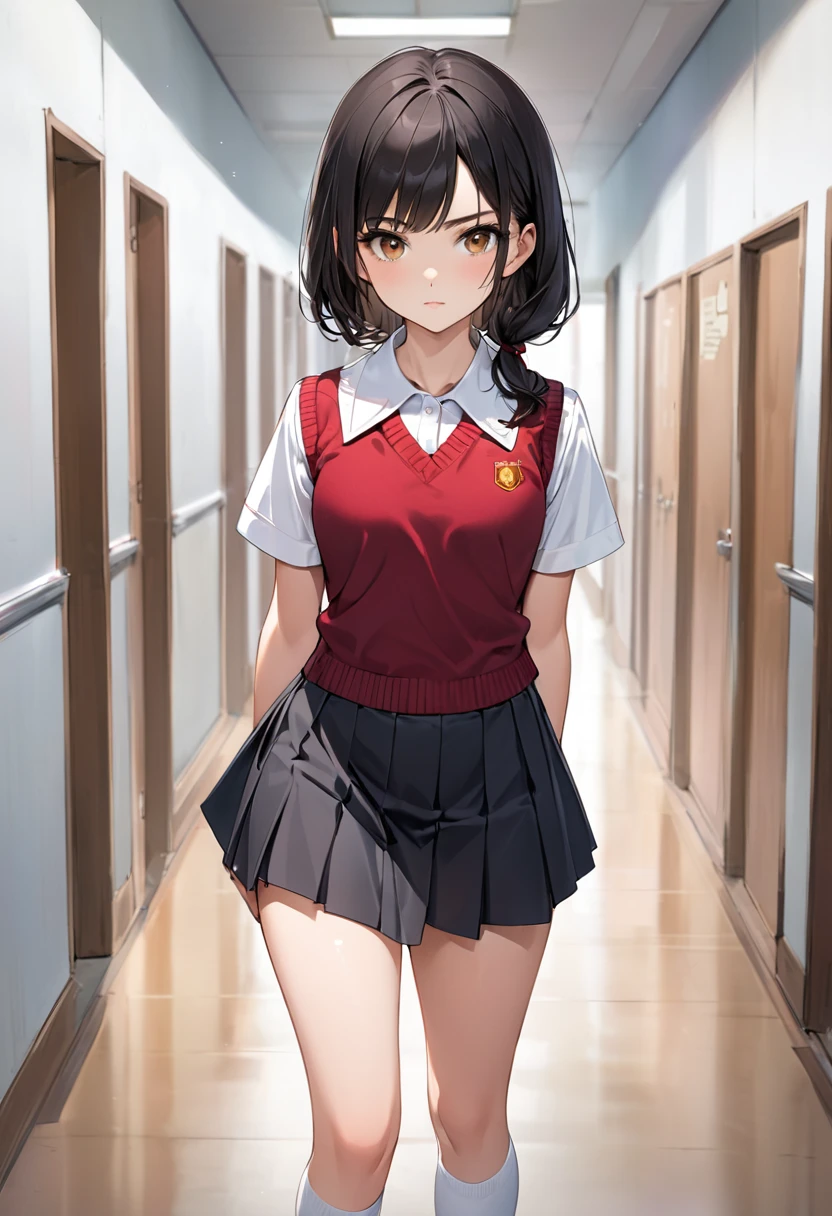 until, high quality , excellent resolution, Girl alone, Sixteen years old ,  beautiful face,  well-defined features , serious look, brown eyes, Half-back straight black hair ,  well-proportioned body , You can see the curvature of her hips , She wears a short red vest with yellow buttons , short sleeve white collar dress school blouse,  white plank miniskirt , shapely bare legs , white socks and school shoes,  the girl is walking in a school corridor ,  the girl appears in the foreground walking elegantly sure of herself.