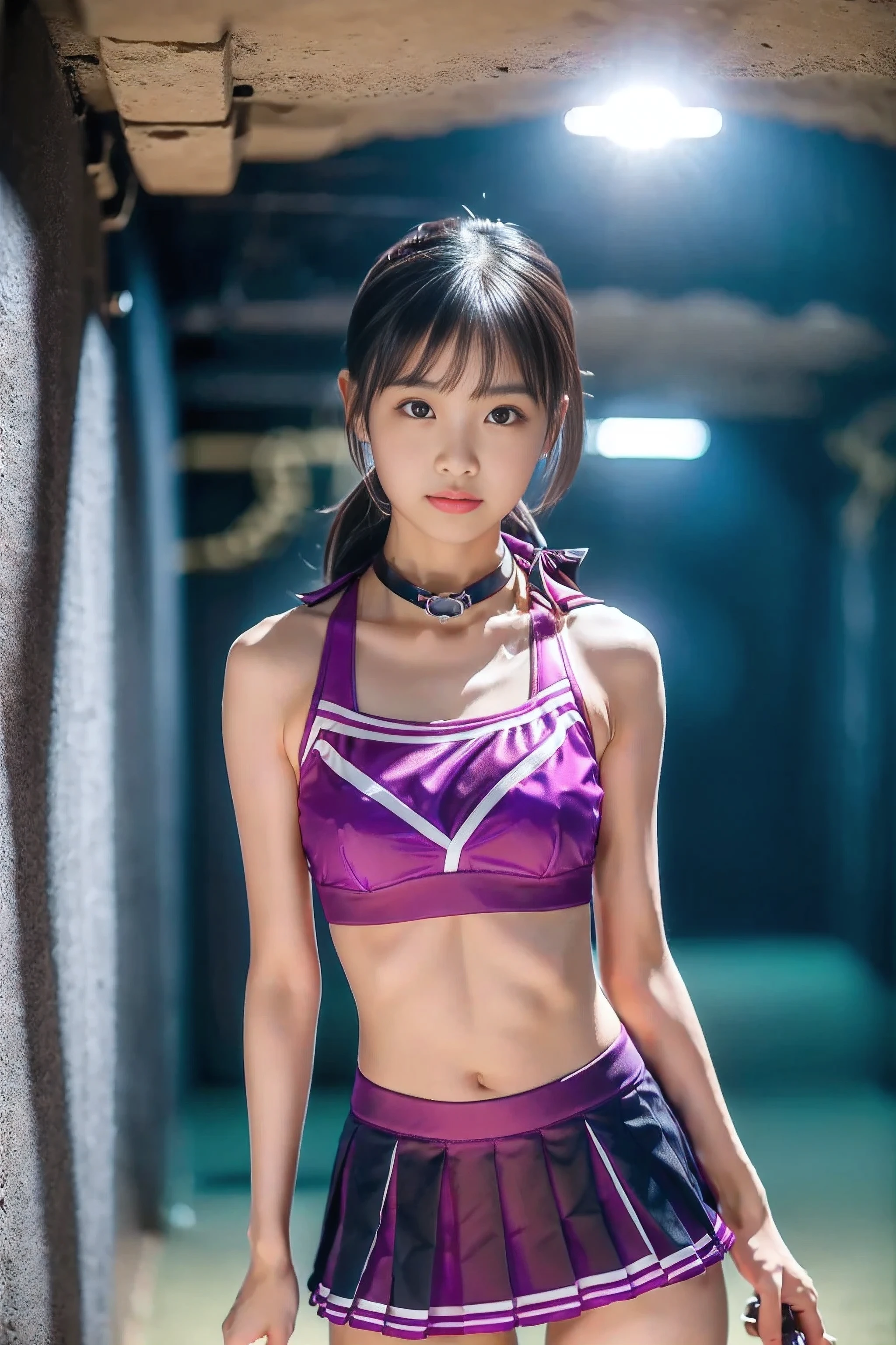 (4k, high quality, high quality, masterpiece), (brightness adjustment), (realistic), ((standing in underground fortress)), ((look at me)), 1 woman, Asian beauty, Japanese woman, (dark hair, slender figure, petite ), ((collar around neck, magenta cheerleader outfit, sports bra, pleated miniskirt)), cheerleader brainwashed by evil organization, (holding water pistol)