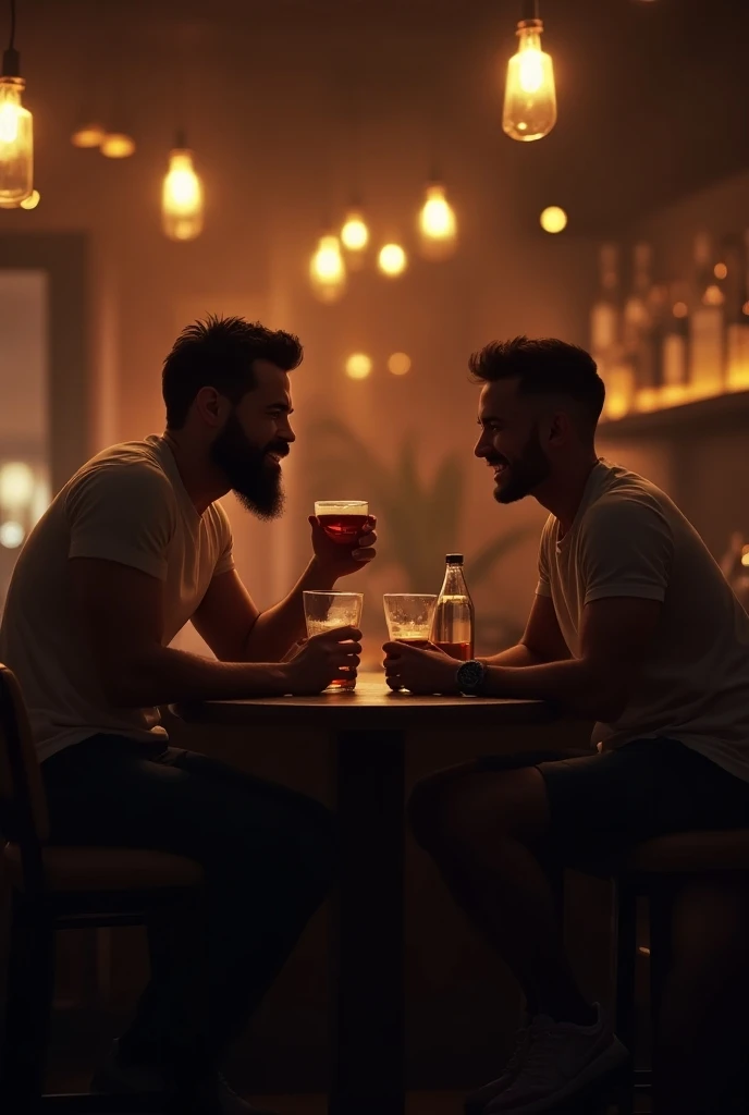Handsome guy, Beautiful, skinny, white-faced, Beautiful soft skin, shirtless, hair neatly tied back in jeans with a handsome friend by his side sitting in a bar in a black shirt and black hat the young man sits on his friend's lap while enjoying a shot of tequila