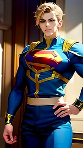 ( High-definition CG), (Best Quality),    superhero with a beautiful body,  hero costume , Handsome and cool young man  ,     Slim and Muscular    , the skin is brown,  Blonde, Frivolous