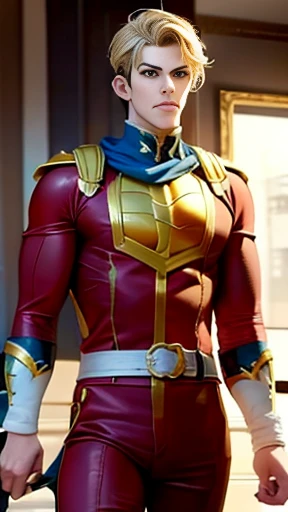 ( High-definition CG), (Best Quality),    superhero with a beautiful body,  hero costume , Handsome and cool young man  ,     Slim and Muscular    , the skin is brown,  Blonde, Frivolous