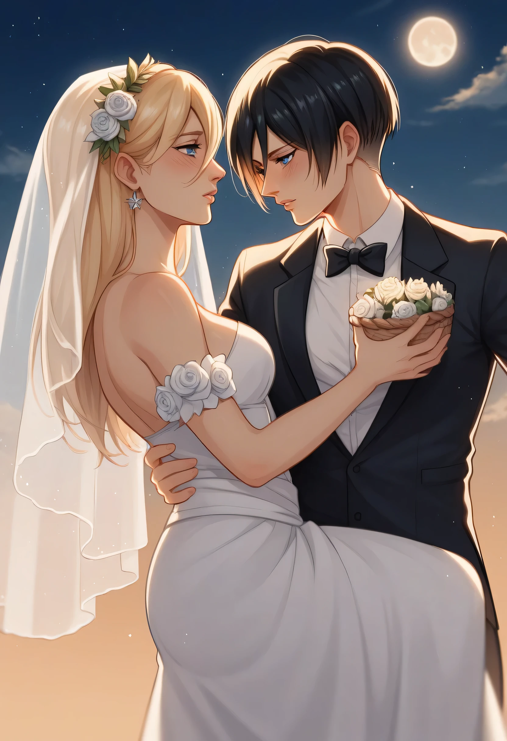 score_9, score_8_up, score_7_up, BREAK source_anime, historia reiss, blue eyes, blonde hair, long hair, medium breasts,Historia  beautiful wedding dress white,female black hair soldier with historia,Mikasa with historia are married ,mikasa wreanig black tuxedo,Mikasa female with short hair,mikasa female medium breasts,in night,moon in sky,mikasa final season,mikasa,Mikasa carries Historia hands،mikasa femboy,mikasa final season,historia blonde hair,mikasa carrying historia,Mikasa and historia in party in middle night,,mikasa final season,girls love,girl×girl,lesbians,yuri,romantic wallpapers,historia and mikasa laughs,both wreanig rings marriage,mikasa pixie cut hairstyle,historia royale wedding dress 👰,preview close character's,mikasa muscle almost appear on her black tuxedo,,attack on titan graphics style,historia wearing beautiful royale Earrings, mikasa with tuxedo looks lustfully and manly,historia hold basket flowers 