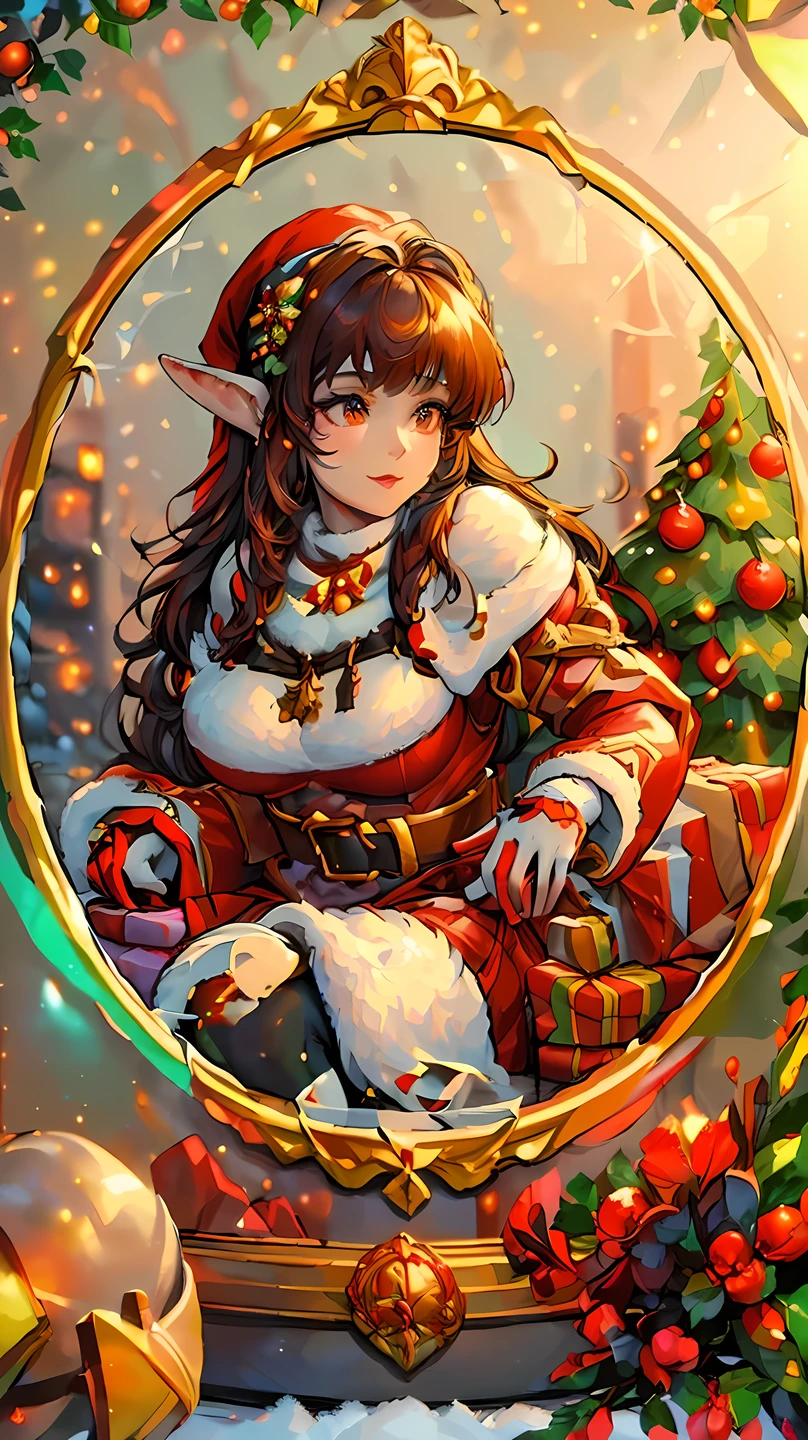 (((Best quality, 8k, Masterpiece: 1.3)), ((best quality)), ((masterpiece)), (detailed), perfect face, perfect body, (detailed skin:1.3), (intricate details), A cheerful elven woman dressed in a Santa Claus-inspired outfit stands in a cozy, festive room. She has pointed ears that peek out from under a red Santa hat with a fluffy white trim. Her outfit is a fitted red coat with white fur edges, a black belt, and tall boots, giving her a playful yet elegant holiday look. She holds a large sack of gifts over her shoulder, her expression warm and joyful. The background features a decorated Christmas tree, glowing string lights, and stockings hung by a fireplace, creating a warm, festive atmosphere filled with holiday cheer.