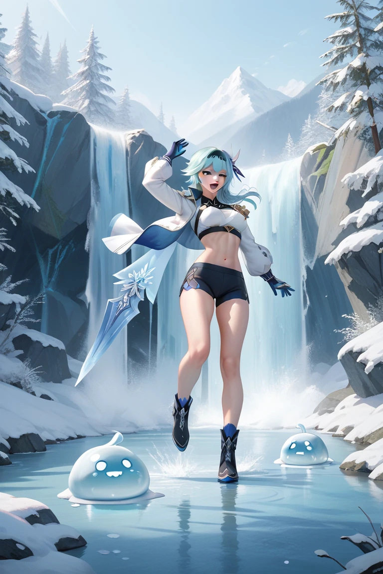 Blue hair, blue eyes, big boobs, female, iron cross hats, iron cross uniform, sitting on an ice throne, icy floor, crosslegs