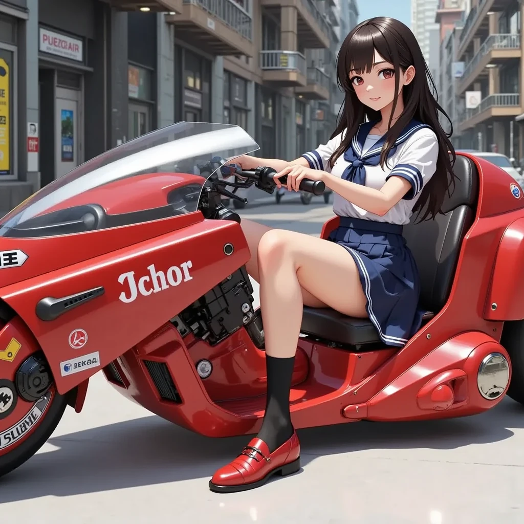 1girl,Sitting,Akira Bike,Lean back,Put your foot forward,Thick eyebrows,jk,Sailor suit,Pleated skirt,loose socks,loafers,Large scooter,Very low seat,Low vehicle height,One step ahead,Akira Bike,high resolution,masterpiece,high quality, 
(Photorealsitic:1.4),Raw photo,(super realistic details),portlate,Shadow,Beautiful Skin,detailed face and eyes,Glossy lips,female curvy beauty,Striking contrast,8K,ultrasharp,Akira Bike Red,cycling,Cyberpunk City View,Spectacular screen