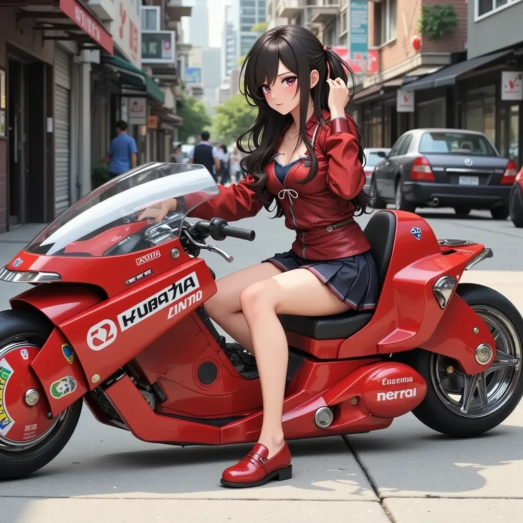 1girl,Sitting,Akira Bike,Lean back,Put your foot forward,Thick eyebrows,jk,Sailor suit,Pleated skirt,loose socks,loafers,Large scooter,Very low seat,Low vehicle height,One step ahead,Akira Bike,high resolution,masterpiece,high quality, 
(Photorealsitic:1.4),Raw photo,(super realistic details),portlate,Shadow,Beautiful Skin,detailed face and eyes,Glossy lips,female curvy beauty,Striking contrast,8K,ultrasharp,Akira Bike Red,cycling,Cyberpunk City View,Spectacular screen