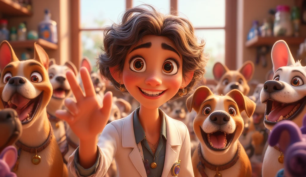 ((     Best quality)), ((masterpiece)), (DETAILED),
  Cartoon image ,  about the veterinarian
With happy little dogs saying goodbye happily.  