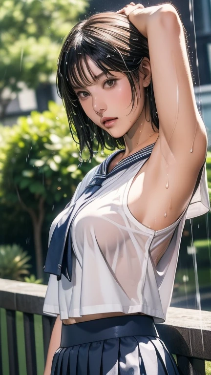 ((masterpiece, Best Quality:1.331, The best illustrations)), ((Get wet:1.5)), (  raise your arms  , Show me your armpits:1.3),  cowboy shot, 1 Japanese Women, Brown Hair,  bob cut, Please let your bangs hang long, perfect anatomy:1.21,  has a small head:1.331, Slender body:1.331,  thin waist in an unmanned bar:1.331, Thin limbs:1.331,  flat chest:1.331,  growing skin,  oily skin ,  Realistic Skin Textures ,  sexy, ( wet in the rain,  underwear is visible),  school uniform, Famous Tokyo Metropolitan High School Sailor Suit :1.21, Short sleeve clothing, White short-sleeved sailor uniform:1.21, sera fuku:1.21, I can see her belly button ,  and my upper body is wearing a uniform:1.21,   wear a navy blue pleated mini skirt:1.37, Pouring rain, Heavy Rain, I'm on the road , Tokyo Shinjuku,