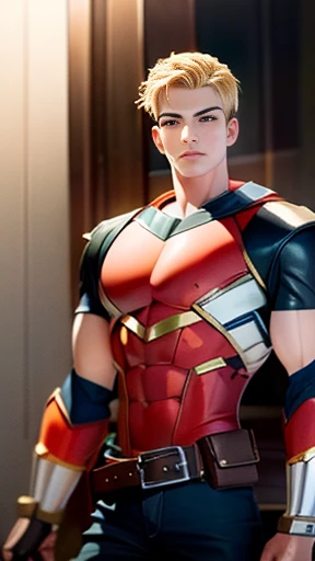 ( High-definition CG), (Best Quality),    superhero with a beautiful body,  hero costume , Handsome and cool young man  ,     Slim and Muscular    , the skin is brown,  Blonde, Frivolous