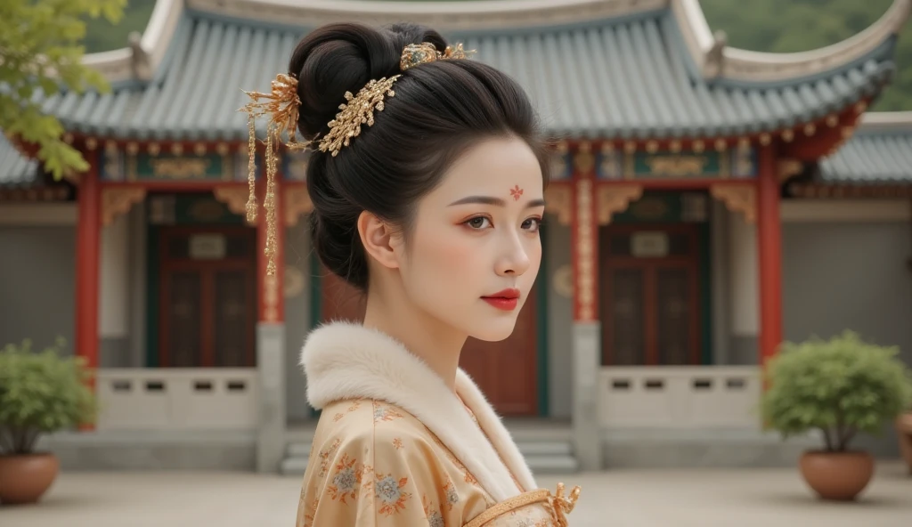 GGGJAAA ，Fabrication，Huadian  ，Hanfu，whole body,((((8K))),(( CG)) ,(wallpaper),16K,(( extremely exquisite and beautiful)),(((masterpiece))),((( The best quality ))),(((超 High Res))),Beautiful Lights,Perfect Lightning,Realistic shadows,[ High Res],( smooth, white skin :1.5),(, pale skin :1.3), extremely fine facial details ,(  perfect figure  :1.1), super detailed, a beautiful girl, alone,Small head,(Tang dynasty hairstyle:1.1),Small face, exquisite makeup ,(Small Breasts:1.5),Flat chest,,thin,Happy, Smile,(Tang dynasty women's headdresses :1.3),Fur collar,( gorgeous silk Tang dynasty women's robes,Patterned :1.3),(Slim Legs :1.2),(Day scene:1.5),Outdoor,( Outside the Chang'an Palace in the Tang dynasty :1.3),( in the courtyard of the Chinese court :1.5),( Detailed Background :1.5),( to a standing:1.3),(Put your arms behind your back:1.3),( upper body:1.2),(From the front:1.3),(summer:1.5),