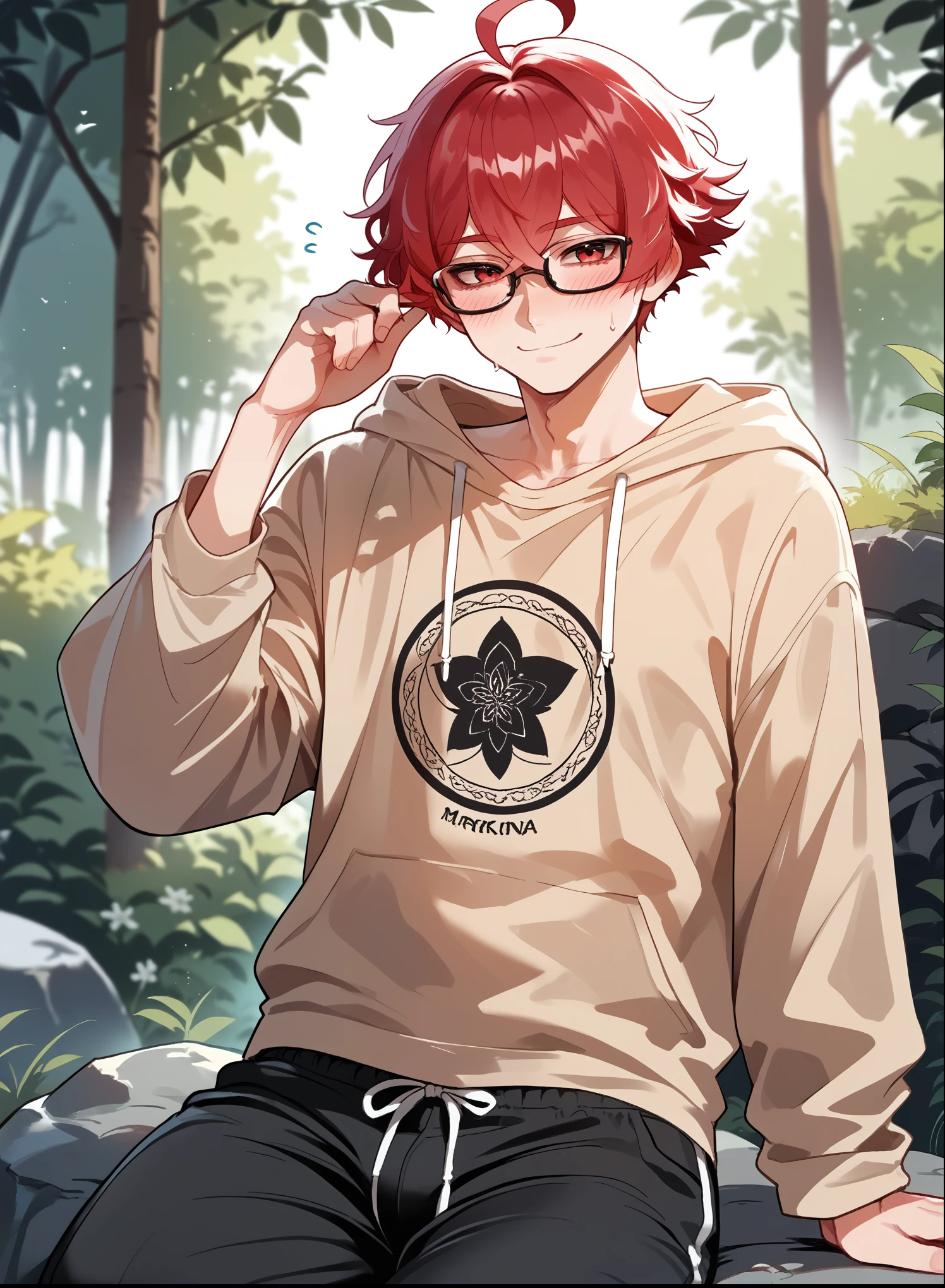 core_9,score_8_up,score_7_up,),score_9,score_8_up,score_7_up, {{artist: nyong_nyong}} {{anime, cowboy shot, source_anime, outdoors, colorful, vibrant, looking at viewer, solo}} male, cute, crimson hair, short hair, fluffy hair, ahoge, crossed bangs, eyewear, baggy pants, black pants, sweatpants, oversized shirt, beige shirt, blush, shy smile, sitting on rock.