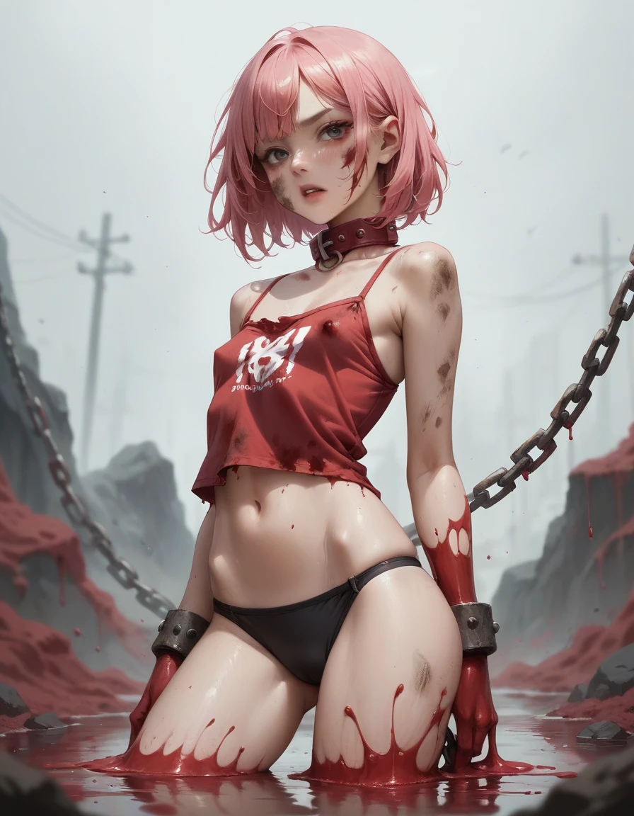 A Japanese woman. Pink hair. Small breasts. Body covered in dirt. A body full of terrible bruises. Covered in red liquid. Collar on a chain. Ragged camisole and panties, 