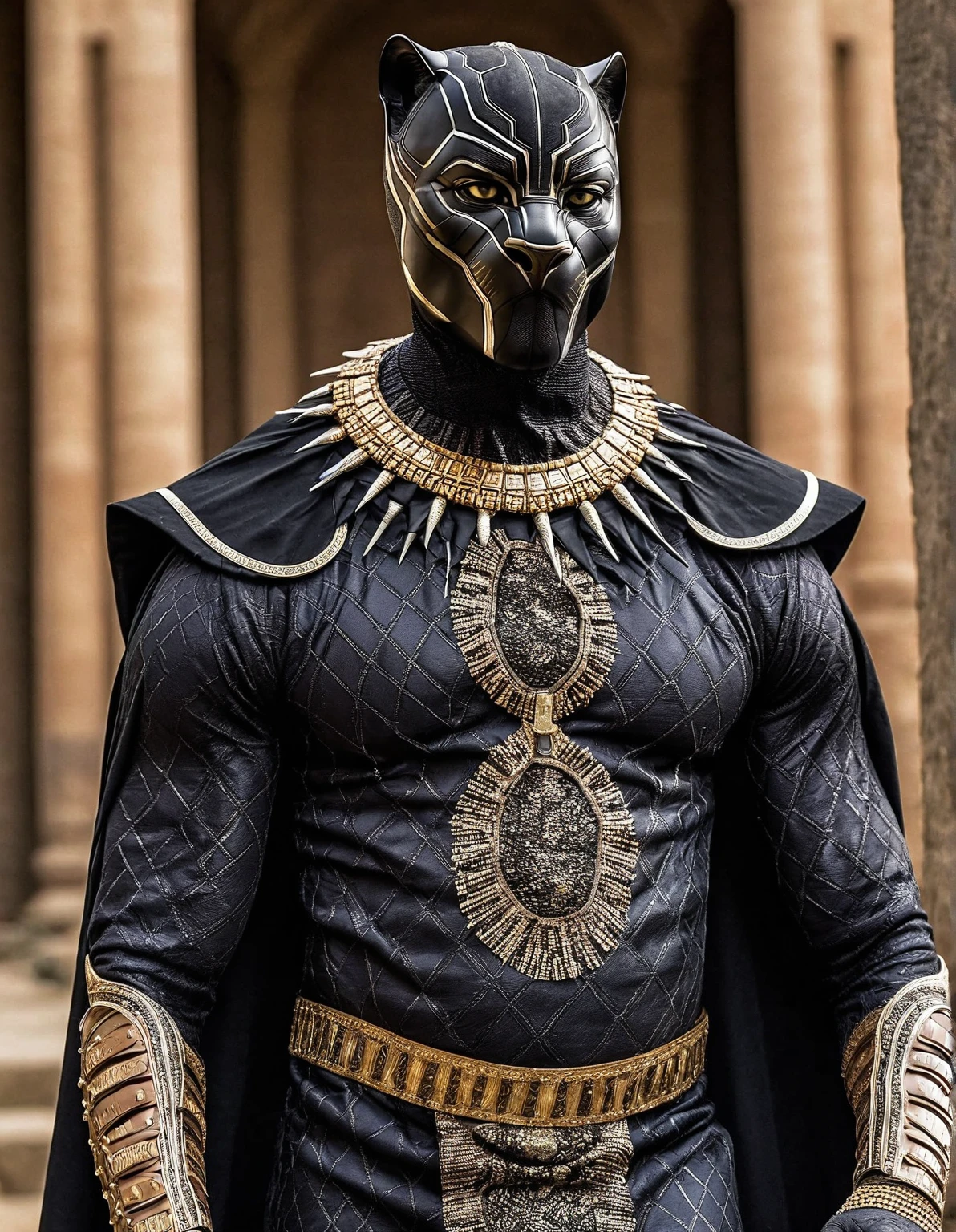 Corcri in luxurious African king clothes with teeth like real Black Panther clothes with a body 