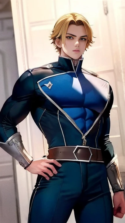 ( High-definition CG), (Best Quality),    superhero with a beautiful body,  hero costume , Handsome and cool young man  ,     Slim and Muscular    , the skin is brown,  Blonde, Frivolous