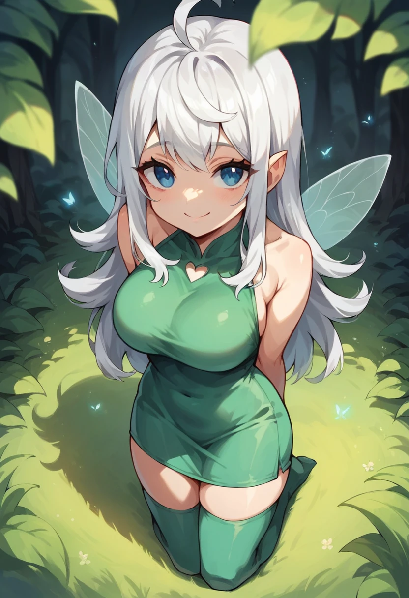 NSFW, a fairy woman strutting around a beautiful forest, white hair with bangs, blue eyes, tight green dress with thighhighs, tall woman with large bust, evil smile, cute fairy, arms behind back, cutley looking up at viewer, high angle shot