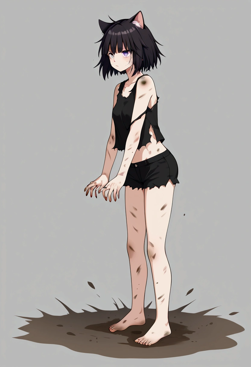 A Cat Girl,    big and strong very strong  ,   short hair with bangs,White,face dirty with dust,  short clothes, Ripped and torn .      full body   ,  Ataca pose 