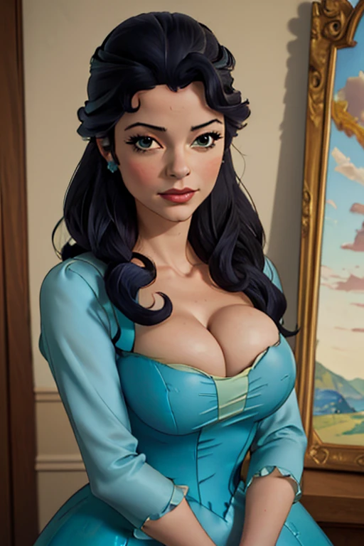 (masterpiece, realistic:1.3), (high quality, detailed:1.3), (huge breasts:1.2), (musuclar female:0.8), (upper body, portrait, blank background:1.1), (aqua dress, cleavage, princess gown), princess hildegard, nipples 