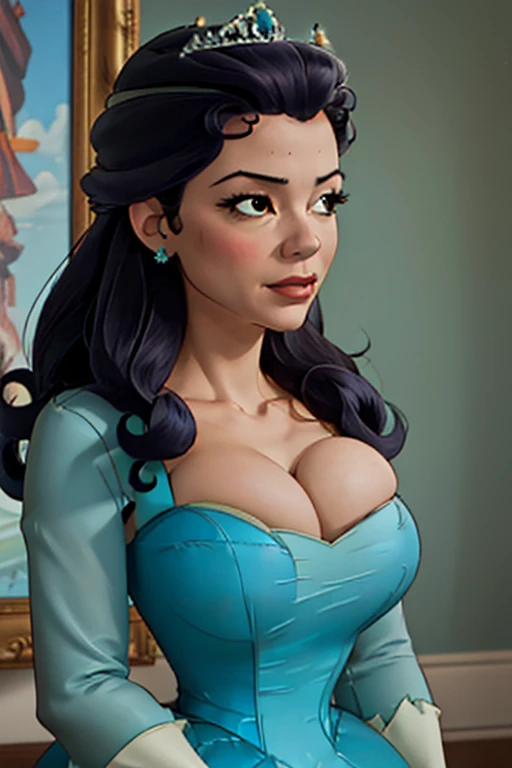 (masterpiece, realistic:1.3), (high quality, detailed:1.3), (huge breasts:1.2), (musuclar female:0.8), (upper body, portrait, blank background:1.1), (aqua dress, cleavage, princess gown), princess hildegard, nipples 