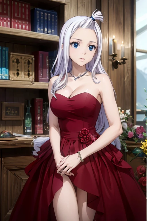 (Best Quality, 4k, 8k, Hi-Res, Masterpiece: 1.2), Ultra-Detailed, Realistic, Photorealistic: 1.37, Mirajane Strauss, beautiful woman with long straight wavy white hair and blue eyes 