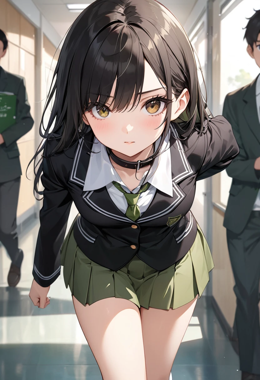 rinshibuya, rin shibuya, black hair, (green eyes:1.5), long hair,
BREAK black skirt, black socks, collared shirt, green necktie, kneehighs, long sleeves, miniskirt, necktie, pleated skirt, school uniform, shirt, skirt, socks, striped, striped necktie, white shirt, wing collar,
BREAK indoors, classroom,
BREAK looking at viewer,
BREAK (masterpiece:1.2), best quality, high resolution, unity 8k wallpaper, (illustration:0.8), (beautiful detailed eyes:1.6), extremely detailed face, perfect lighting, extremely detailed CG, (perfect hands, perfect anatomy),(white panties:1.5), (skrit lift:1.5), standing, small breasts, (short, tiny, little:1.5), blush, embarrassed,from below, cowboy shot, dutch angle